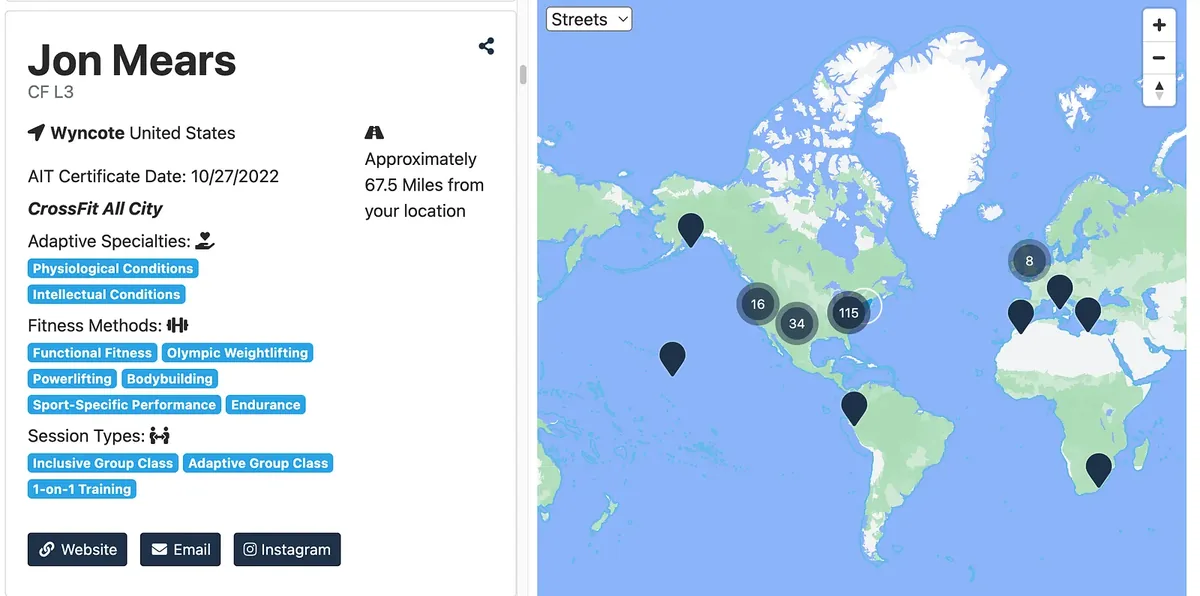Screenshot of the ATA trainer directory showing a trainer profile beside a world map of certified trainers